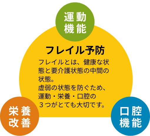 運動機能 栄養改善 口腔機能 フレイル予防 フレイルとは、健康な状態と要介護状態の中間の状態。虚弱の状態を防ぐため、運動・栄養・口腔の３つがとても大切です。